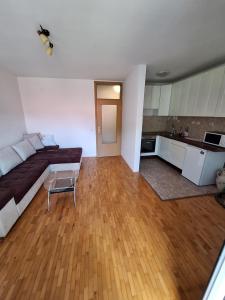 a living room with a bed and a kitchen at Stan Foča in Foča