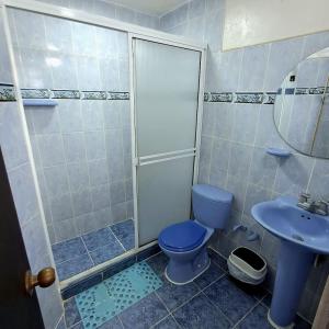 a bathroom with a blue toilet and a sink at Troya 701 in Gaira +6 photos