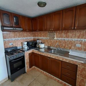 a kitchen with wooden cabinets and a stove and a sink at Troya 701 in Gaira
