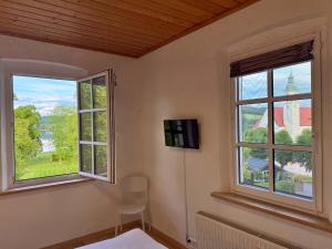 two windows in a room with a view of a park at Seebühnenblick in Seeham