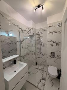 a bathroom with a shower and a toilet and a sink at Apartament Căciulata Duo cu 2 camere independente in Căciulata +9 photos