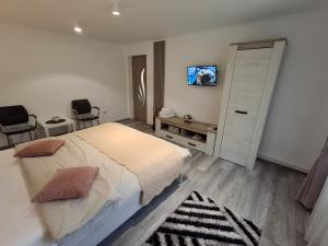 a bedroom with a bed and a tv on the wall at Apartament Claudia in Deva +4 photos