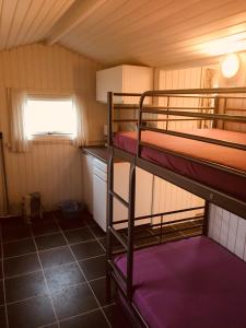 ein kleines Zimmer mit zwei Etagenbetten und einem Fenster in der Unterkunft Ore Strandcamping in Vordingborg