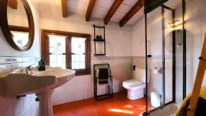 a bathroom with a sink and a toilet and a mirror at Cortijo Lagar de Luisa in Borge