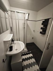 a white bathroom with a shower and a sink at Monica Donau in Passau