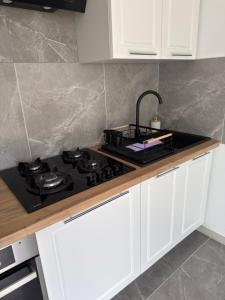 a kitchen counter with a stove top in a kitchen at Apartament nad jeziorem in Lubkowo