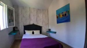 a bedroom with a bed with a purple blanket at Maisonnette mitoyenne andernos in Andernos-les-Bains