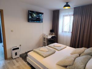a bedroom with two beds and a desk and a television at Apartments Emi & Nini in Šibenik +74 photos