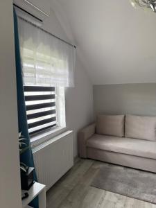 a living room with a couch and a window at Apartament nad jeziorem in Lubkowo