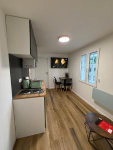 a kitchen with a counter and a table in a room at Bartenwetzer Schleusenhaus 1 in Melsungen +9 photos