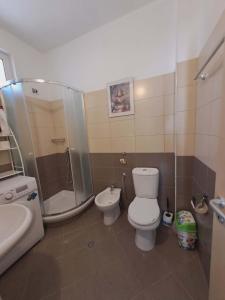 a bathroom with a shower and a toilet and a sink at Mimosa Apartment in Vlorë +4 photos