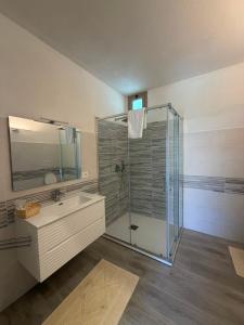 a bathroom with a glass shower and a sink at Domos de Budroni B&B in Bono