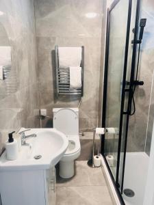a bathroom with a toilet and a sink and a shower at The Rivenhall Hotel in Rivenhall +14 photos