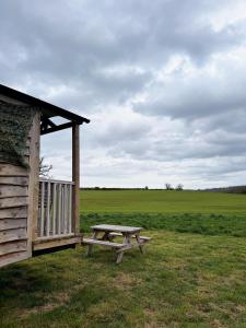 a picnic table sitting next to a cabin in a field at Herdsman's Hideaway on the Wye in Fawley Station