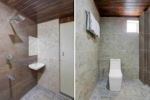two pictures of a bathroom with a toilet and a shower at Hotel Relax inn in Chikmagalūr +11 photos