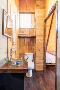 a bathroom with a toilet and a glass sink at Jaulares Glamping in Alaska