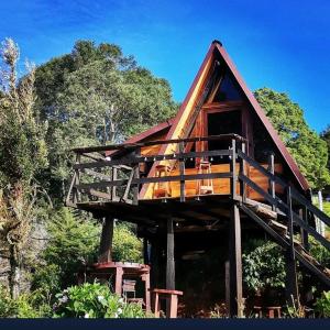 a cabin in the woods with a wrap around deck at Jaulares Glamping in Alaska