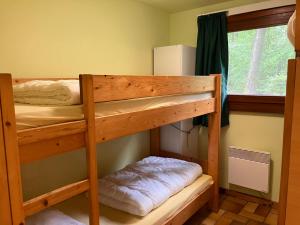 two bunk beds in a room with a window at Le Renard - Oignies 50 in Petit Mesnil
