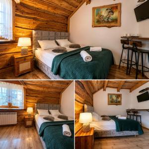 two pictures of a room with two beds in a cabin at Troll in Cisna