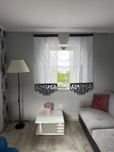 a living room with a couch and a window at Dom nad jeziorem in Lubkowo