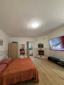 a bedroom with a bed and a flat screen tv at 7Csakra Vendeghaz in Szentendre