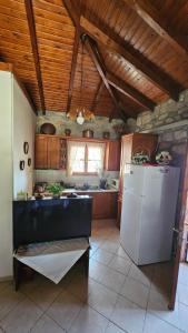 a kitchen with a refrigerator and a table in it at Mountain Escape Villa in Gamvriá
