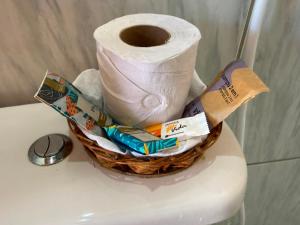 a basket of toilet paper on top of a toilet at Suite em Mulungu in Mulungu