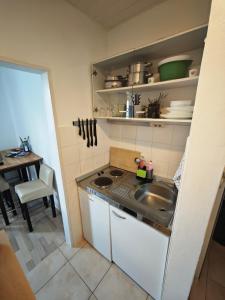 a small kitchen with a sink and a table at Monica Donau in Passau +15 photos