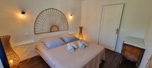 a bedroom with a bed with two pillows and a mirror at gîte dans maison bourgeoise in Millau +17 photos