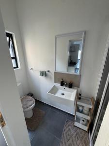 a bathroom with a sink and a toilet and a mirror at Muzo Guest Nest in Cape Town