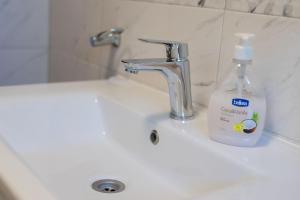 a bottle of soap sitting on a bathroom sink at Apartments Jurina in Krk +36 photos
