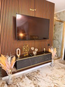 a living room with a large television on a striped wall at Guesthouse Bârlogul Balaurului in Afumaţi