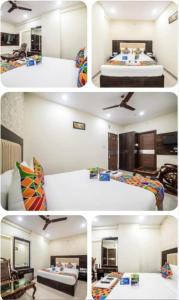 a collage of four pictures of a bedroom at Hotel Tirumala in Secunderabad