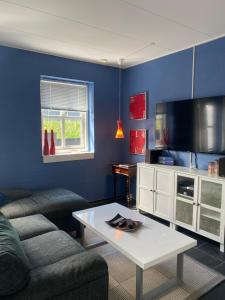 a living room with a couch and a coffee table at Tversted Strandpark in Bindslev
