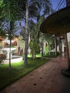 a walkway in a park at night with palm trees at Oloft in Marrakesh +109 photos
