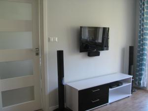 a flat screen tv hanging on a wall at Blue Mare Apartament u Kwiatków in Łukęcin