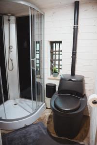a bathroom with a black toilet and a shower at Peaceful Forest Cabin in Nature in Paluküla +42 photos