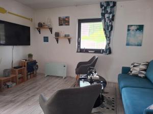 a living room with a blue couch and a television at Őrségi Csónakház in Hegyhátszentjakab