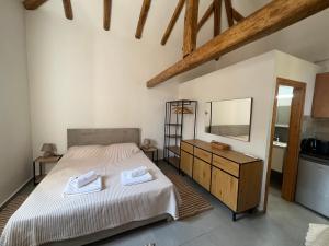 a bedroom with a bed and a dresser and a mirror at Linos Old Barn in Theológos