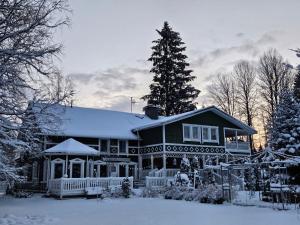a house covered in snow with a tree at Villa Gargano in Pieksämäki