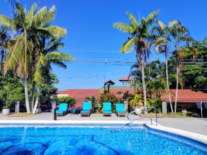 a pool with blue chairs and palm trees at Alma Vida Hotel in Manuel Antonio