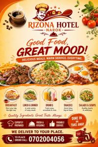 a flyer for a restaurant with food on it at Rizona Hotel-Narok in Narok