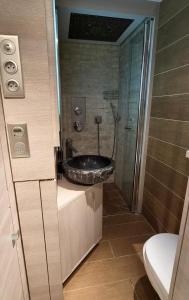 a bathroom with a sink and a shower at Appartement l'Ariondaz in Courchevel