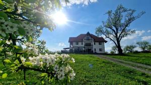 a white house on a hill with a tree at Casa Comilor in Şurdeşti