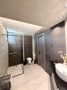 a bathroom with a shower and a toilet and a sink at Animus Premium apt in Nafplio +69 photos