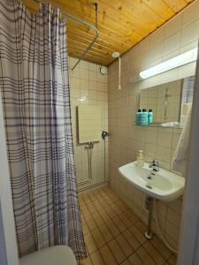 a bathroom with a shower curtain and a sink at Central Accommodation at Olavinkatu in Savonlinna
