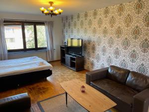 a living room with a couch and a television at Fjord Hostel Rooms in Lysekil