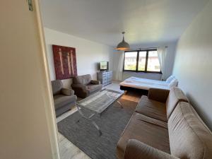 a living room with a couch and a bed at Fjord Hostel Rooms in Lysekil