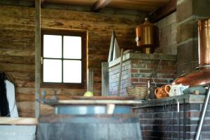 a kitchen with a window and a counter with pots at Bungalow Volk Turjaški in Gabrovka