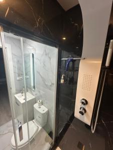 a bathroom with a shower and a toilet and a sink at TAJ house center altea #A in Altea +10 photos